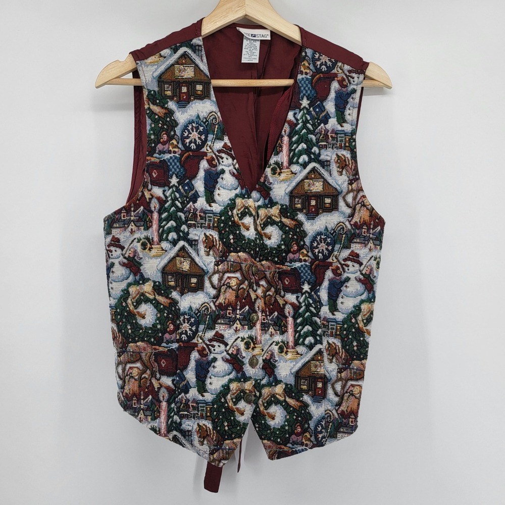 Vintage White Stag Women's Holiday Winter Scene Tapestry‎ Vest Size Large